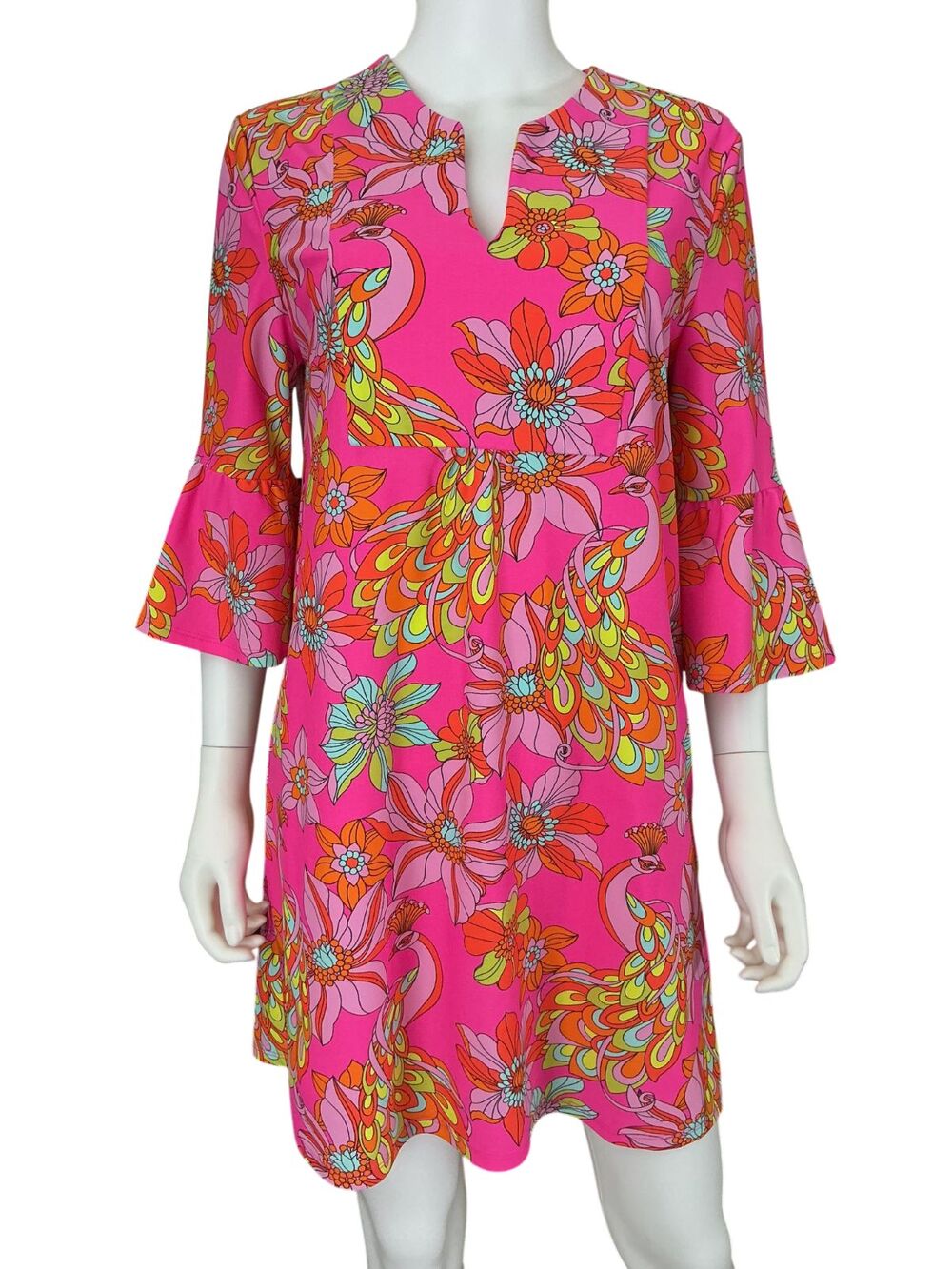 Jude Connally Kerry Tunic Dress Size M Hot Pink Peacock Print Bell Sleeve  $228